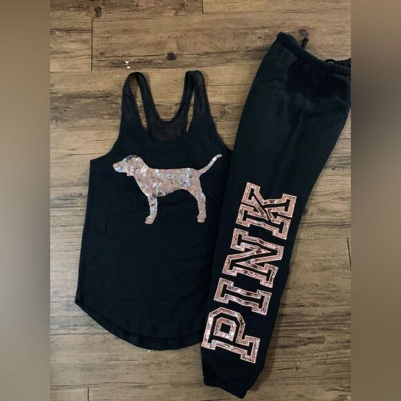 PINK VICTORIA’S SECRET ROSEGOLD BLING DOG MESH TANK / JOGGERS OUTFIT SET XS - Picture 4 of 14